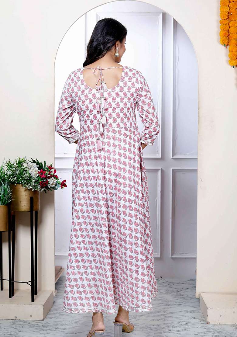 Pink Printed Cotton Anarkali Set - Indya