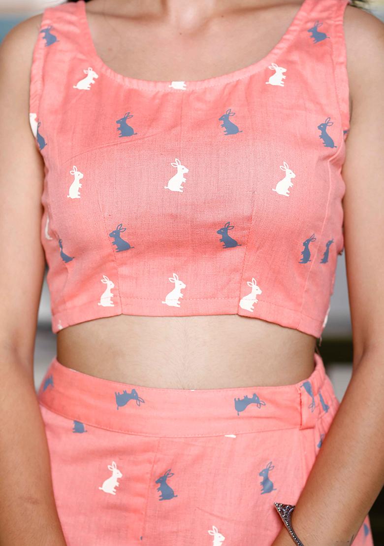 Peach Printed Cotton Co Ord Set - Indya