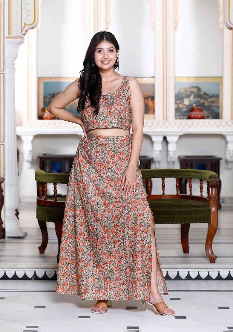 Brown Floral Print Cotton Co Ord Set - Indya