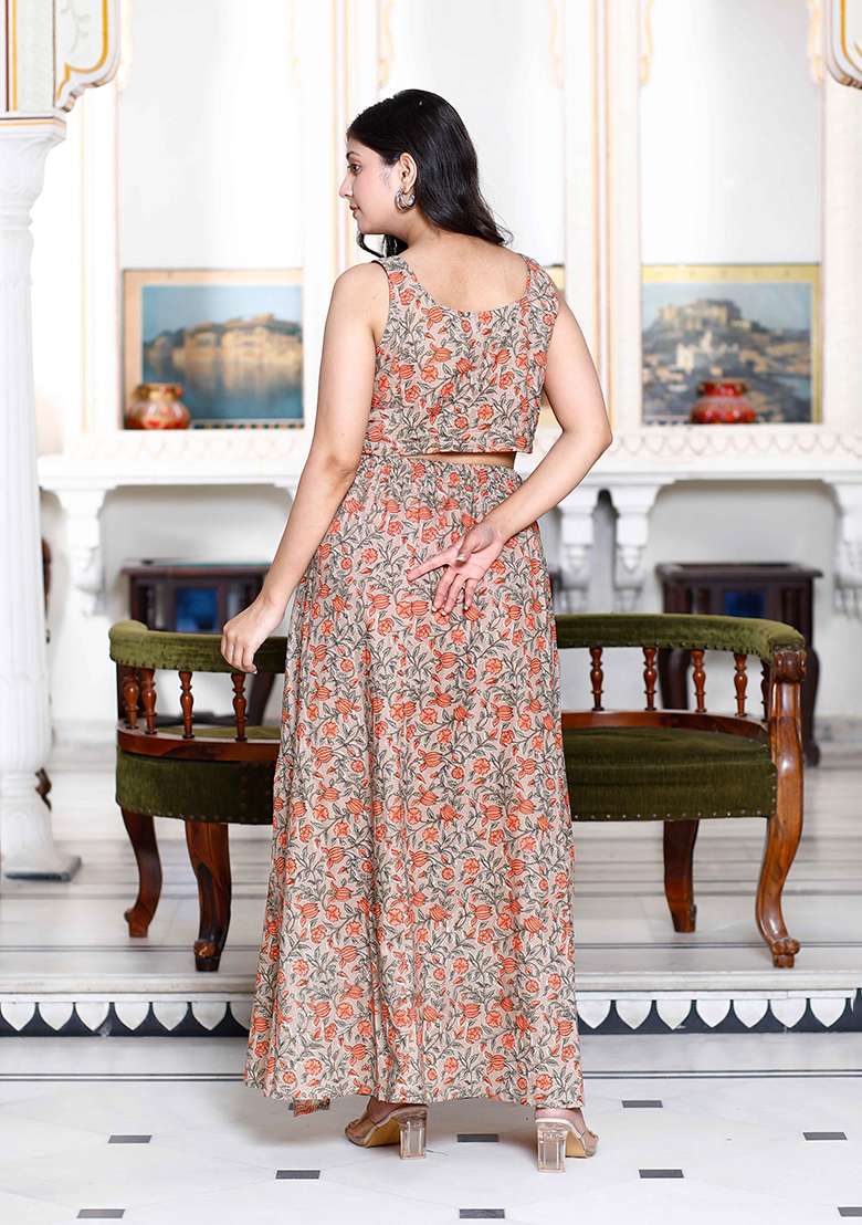Brown Floral Print Cotton Co Ord Set - Indya