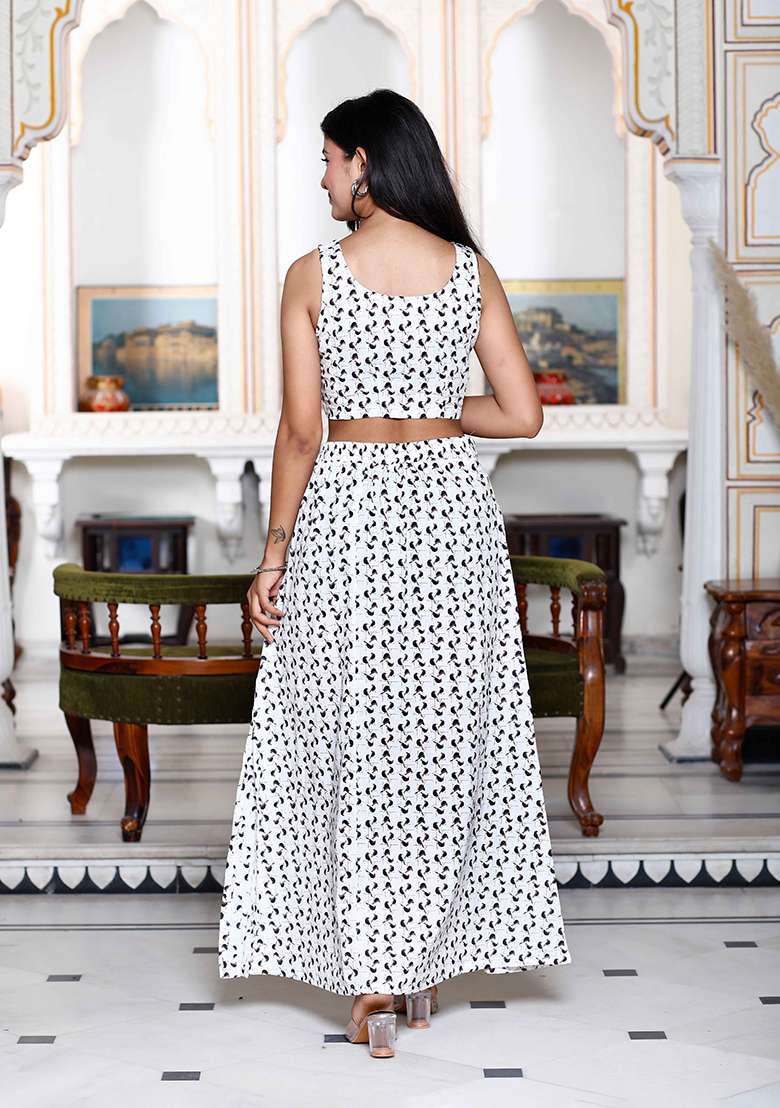 White Floral Print Cotton Co Ord Set for Diwali | Wedding & Festive Wear - Indya
