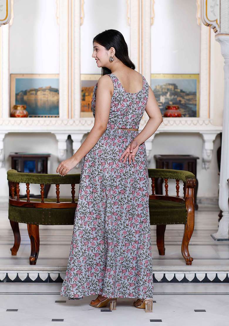 Grey Floral Print Cotton Co Ord Set for Diwali | Wedding & Festive Wear - Indya