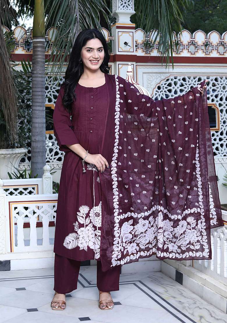 Wine Embroidered Cotton Straight Kurta Set - Indya