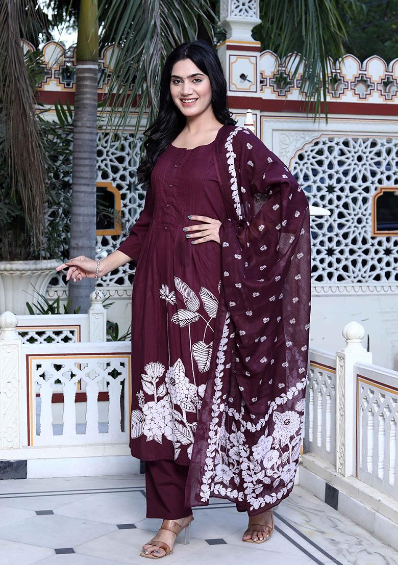 Wine Printed Cotton Salwar Kameez