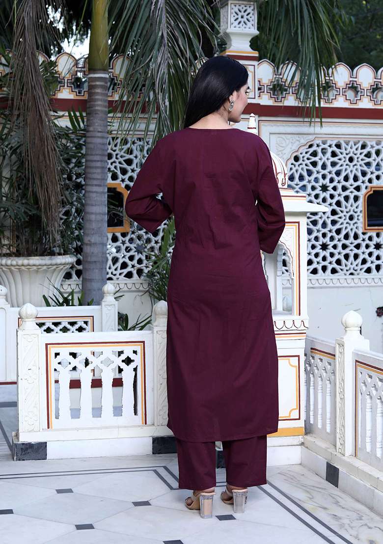 Wine Embroidered Cotton Straight Kurta Set - Indya