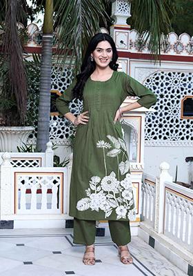 Mehandi Printed Cotton Salwar Kameez