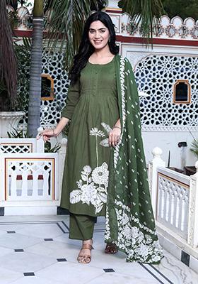 Mehandi Printed Cotton Salwar Kameez