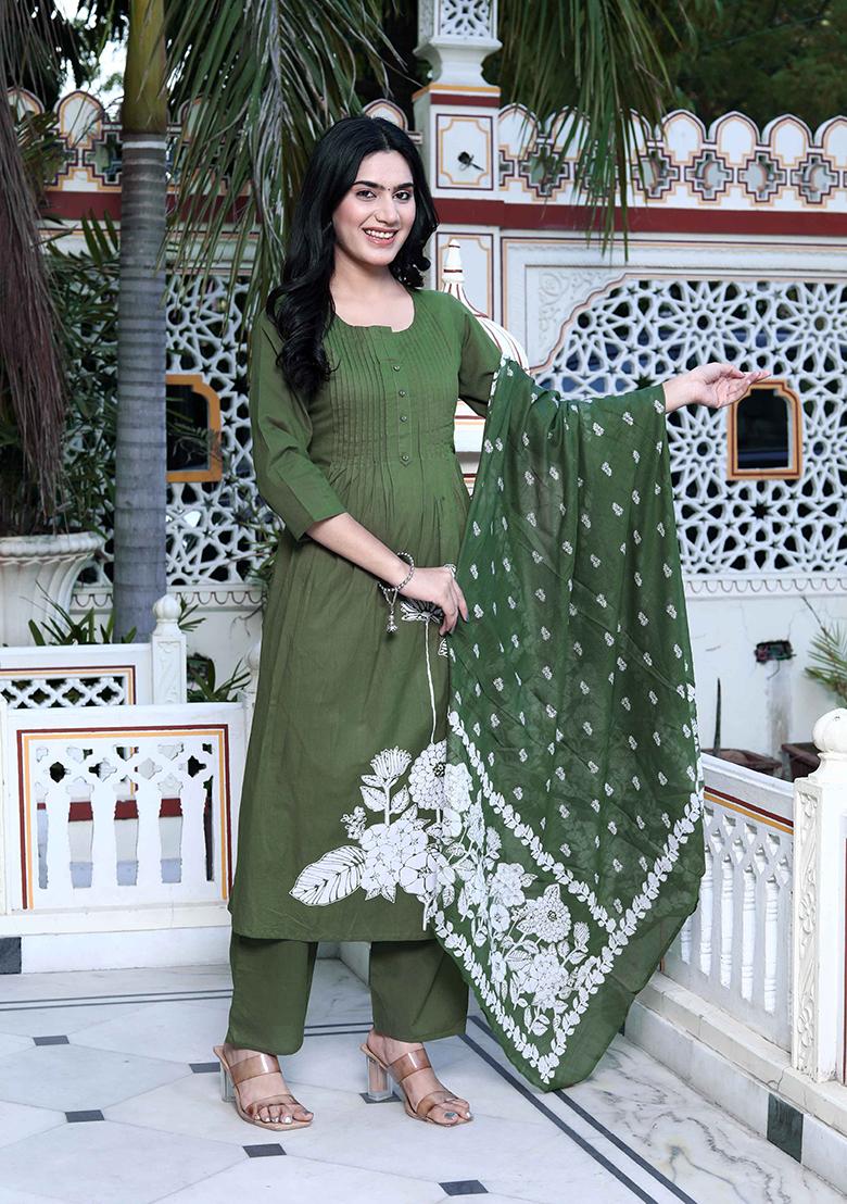 Mehandi Printed Cotton Salwar Kameez