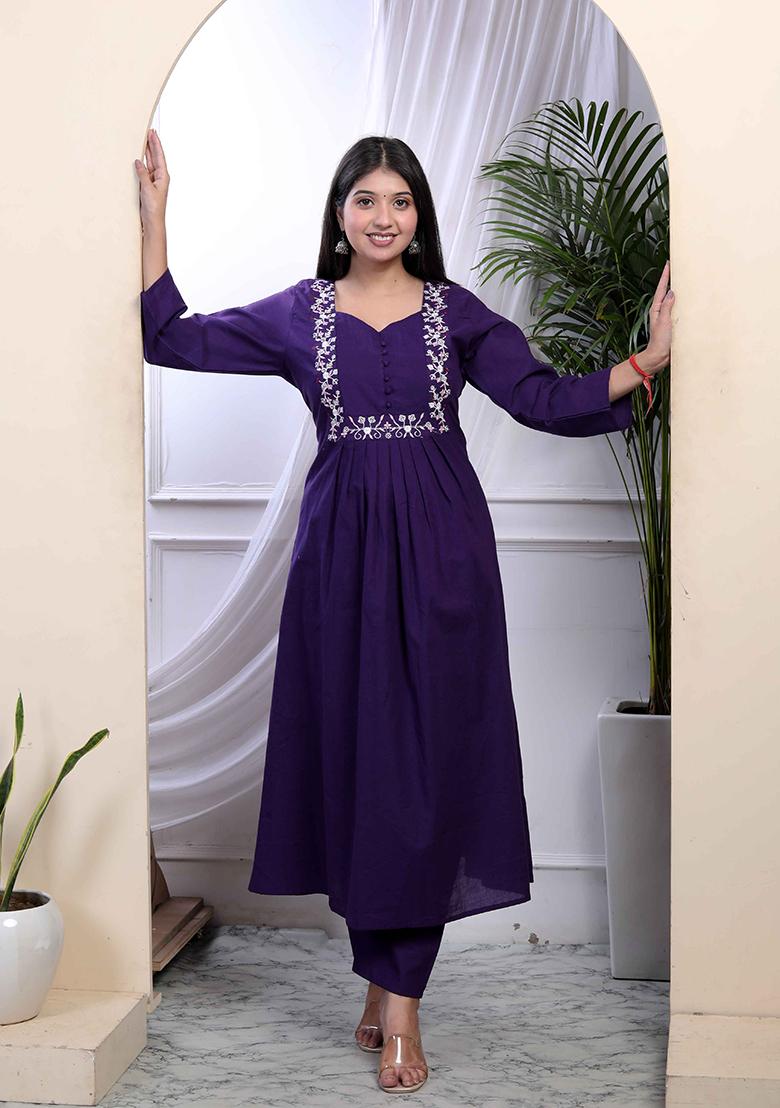 Purple Embroidered Cotton Salwar Kameez