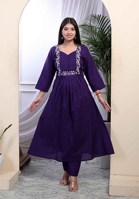 Purple Embroidered Cotton Salwar Kameez