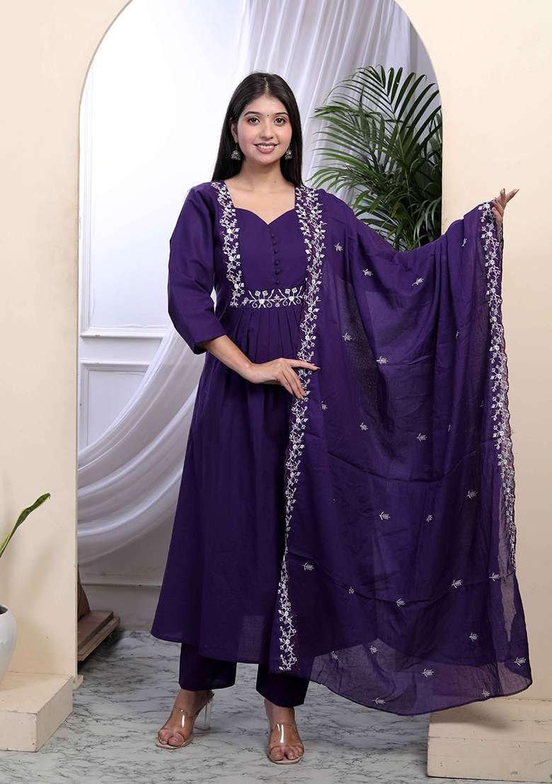 Purple Embroidered Cotton Anarkali Set - Indya