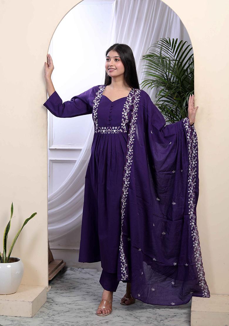 Purple Embroidered Cotton Salwar Kameez