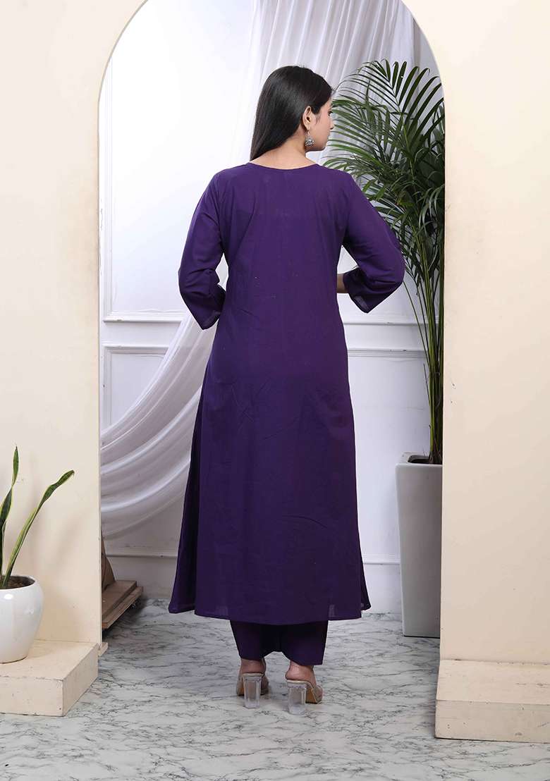 Purple Embroidered Cotton Anarkali Set - Indya