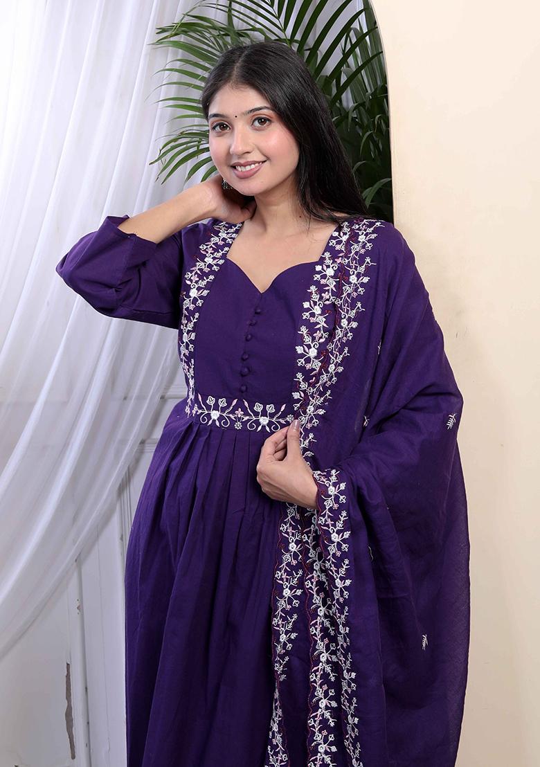 Purple Embroidered Cotton Salwar Kameez