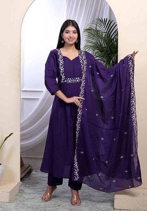 Purple Embroidered Cotton Salwar Kameez