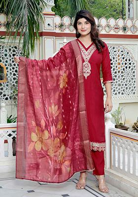 Red Embroidered Silk Salwar Kameez