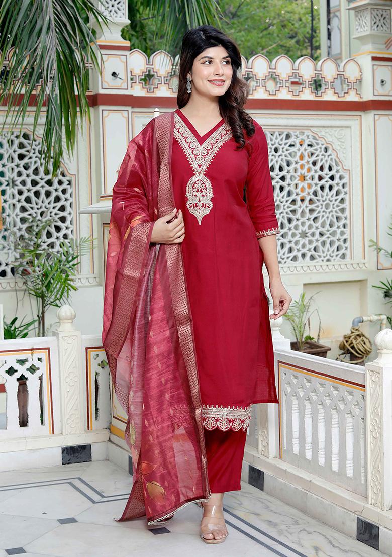Red Embroidered Silk Salwar Kameez