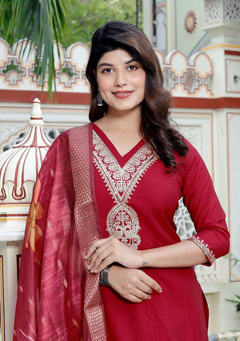 Red Embroidered Silk Salwar Kameez