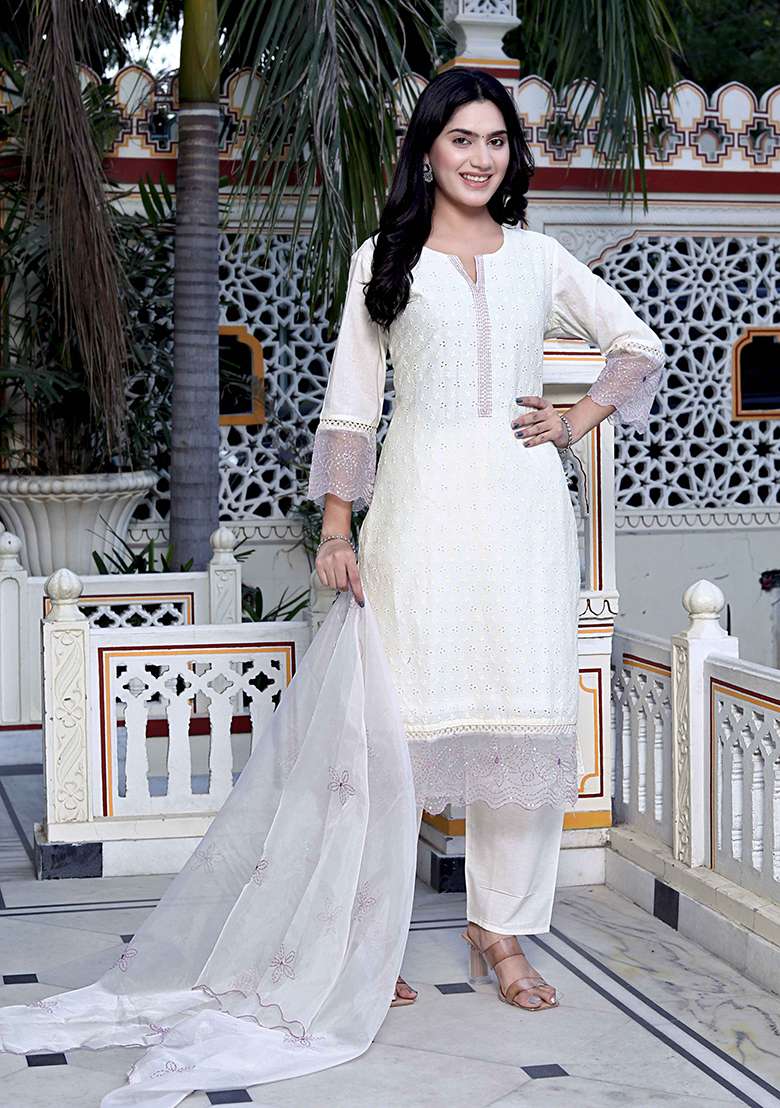 Beige Chikankari Organza Straight Kurta Set - Indya