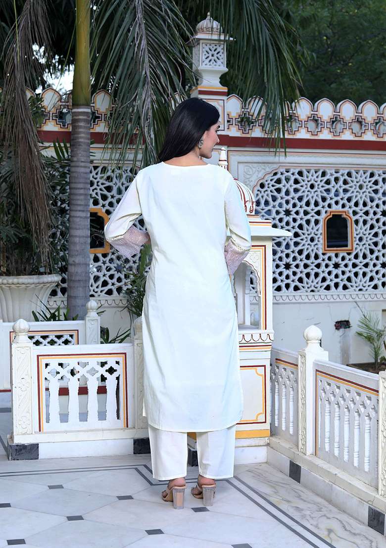 Beige Chikankari Organza Straight Kurta Set - Indya