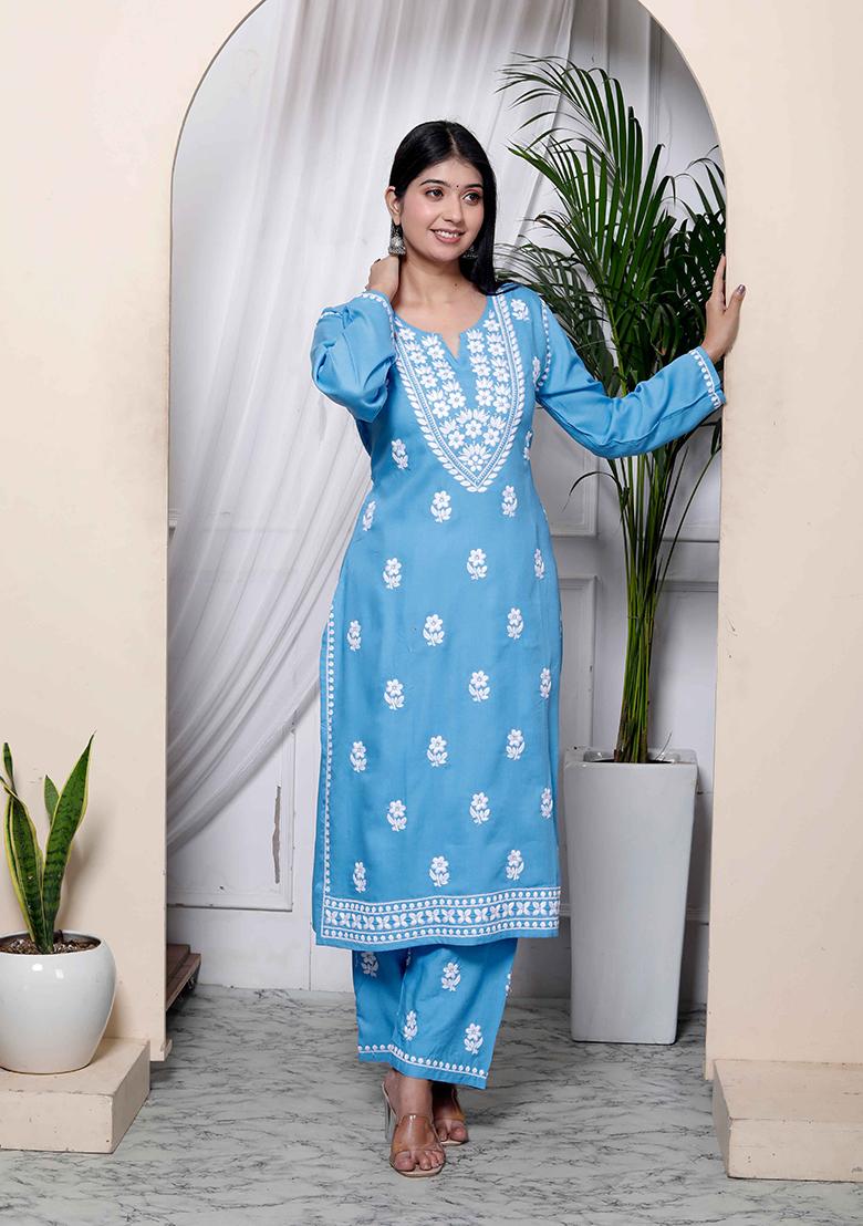 Sky Blue Chikankari Cotton Salwar Kameez
