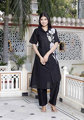 Black Embroidered Cotton Co Ord Set