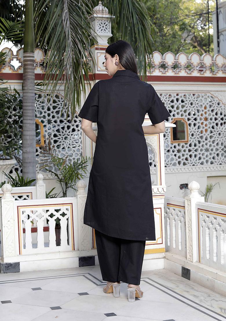 Black Embroidered Cotton Co Ord Set