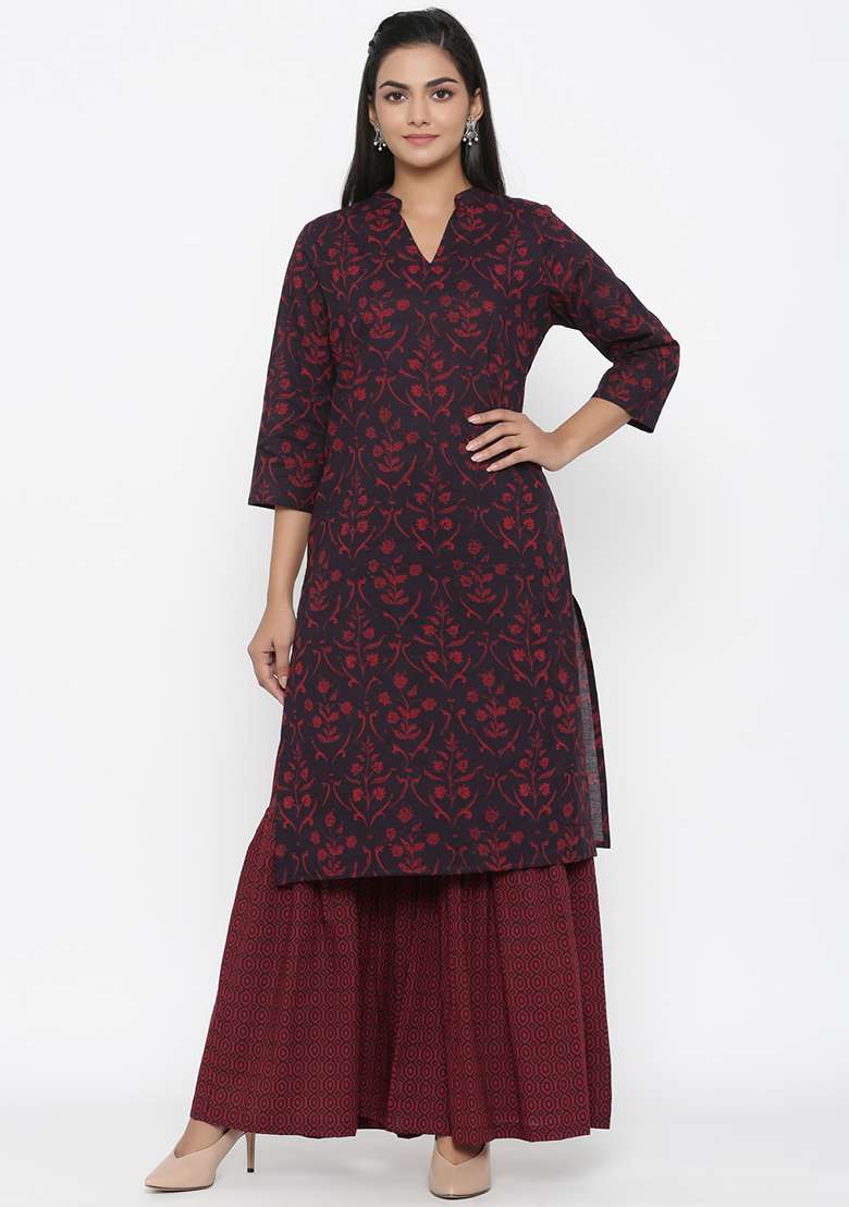 Maroon Printed Cotton Sharara Set - Indya