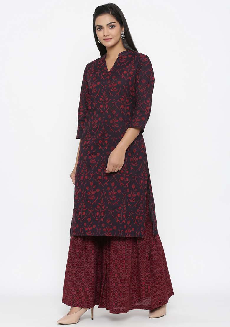 Maroon Printed Cotton Sharara Set - Indya
