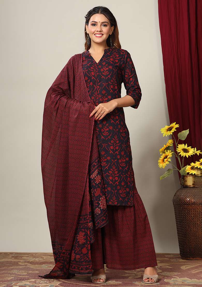 Maroon Printed Cotton Sharara Set - Indya