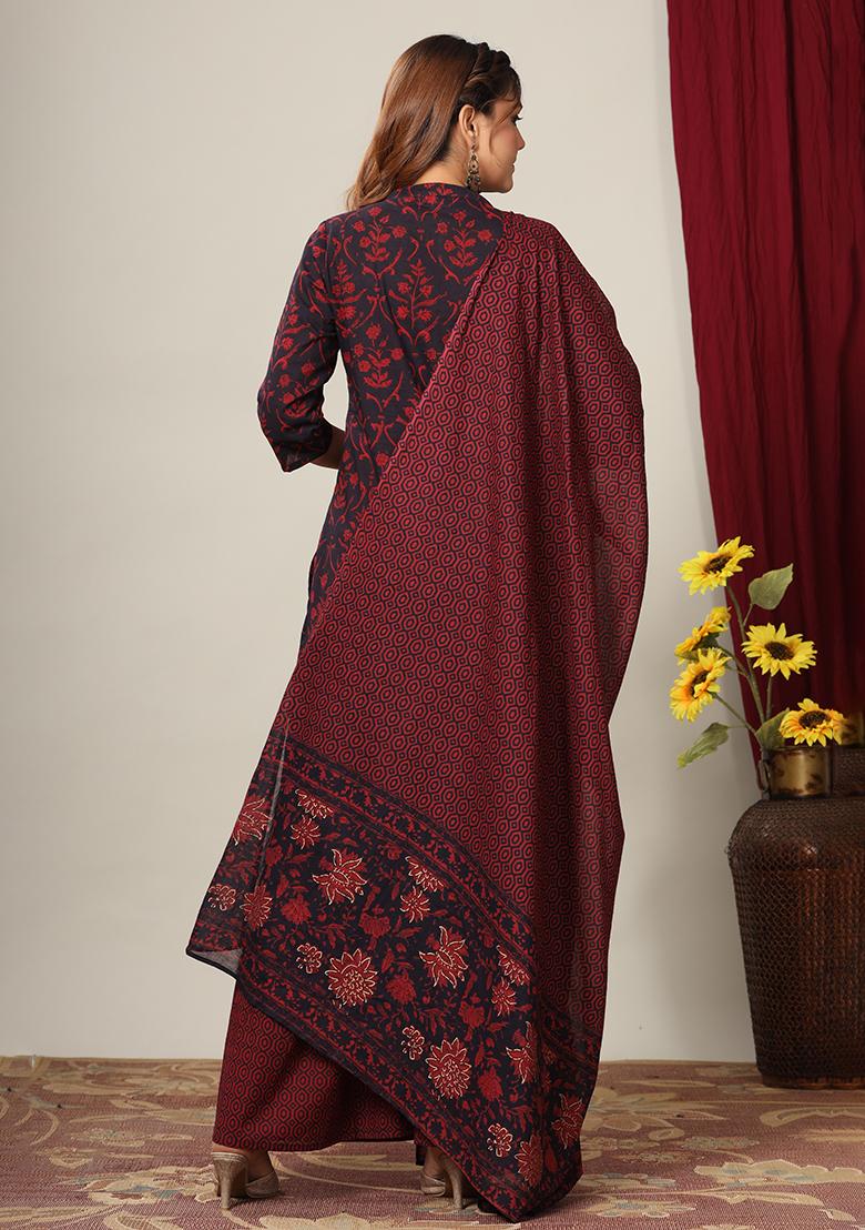 Maroon Printed Cotton Salwar Kameez