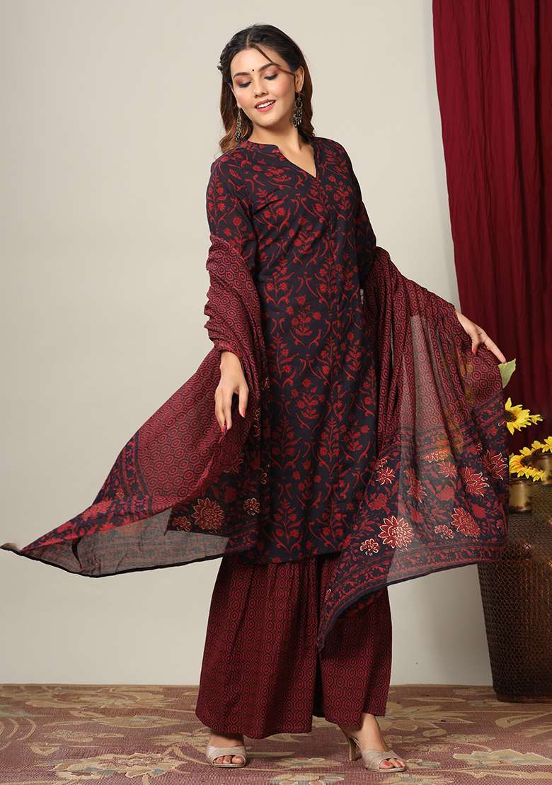 Maroon Printed Cotton Sharara Set - Indya