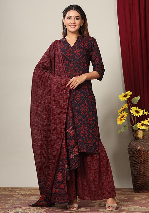 Maroon Printed Cotton Salwar Kameez