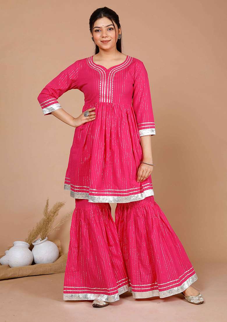 Pink Striped Cotton Sharara Set - Indya