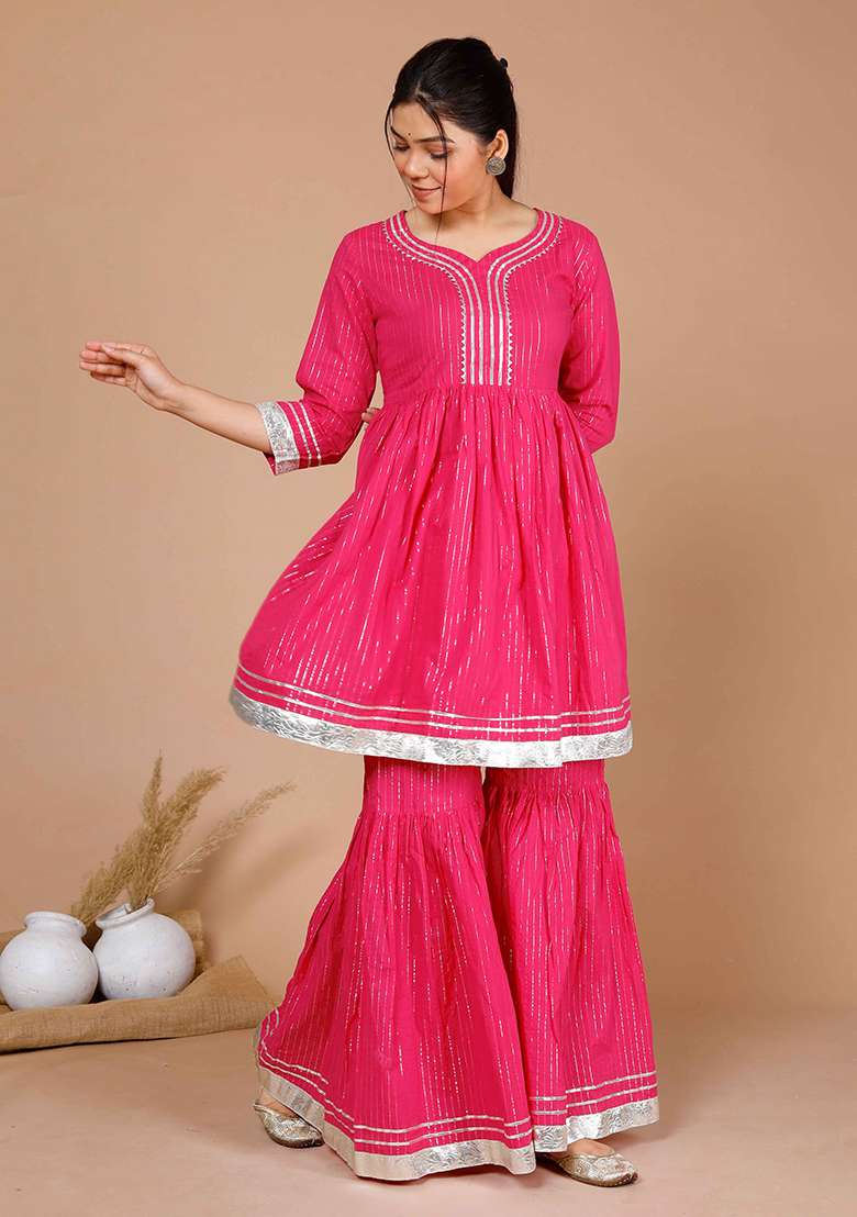 Pink Striped Cotton Sharara Set - Indya