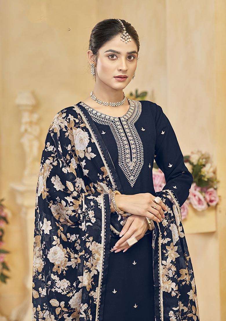 Navy Blue Embroidered Silk Salwar Kameez
