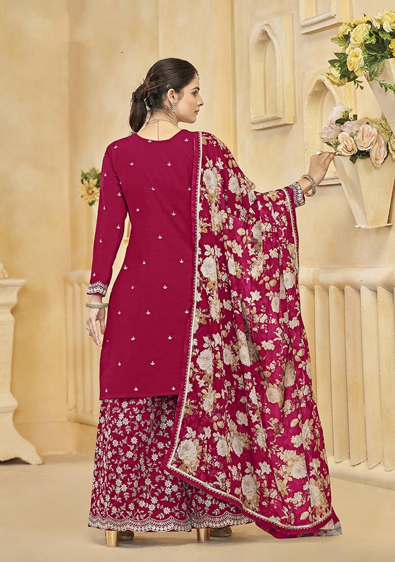 Dark Pink Embroidered Silk Salwar Kameez