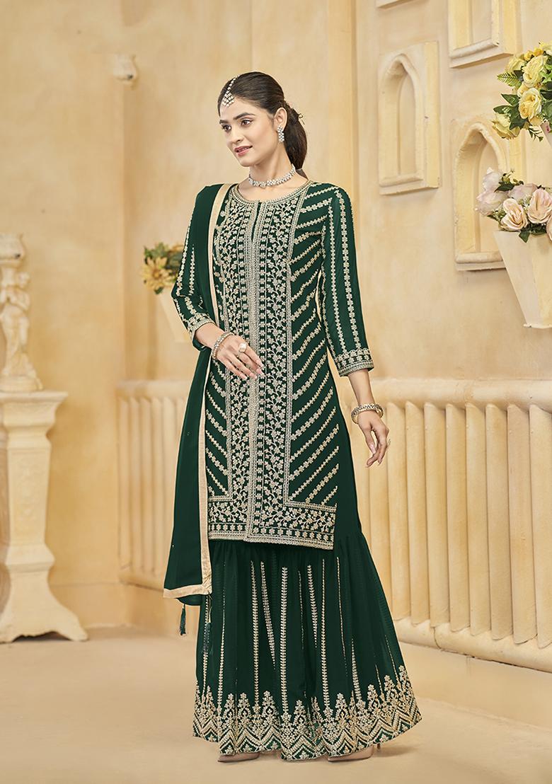Dark Green Embroidered Faux Georgette Salwar Kameez