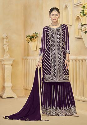 Dark Purple Embroidered Faux Georgette Salwar Kameez