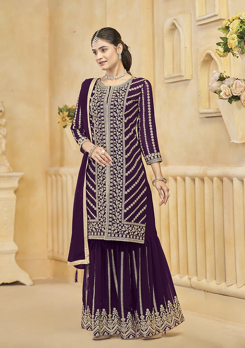 Dark Purple Embroidered Faux Georgette Salwar Kameez