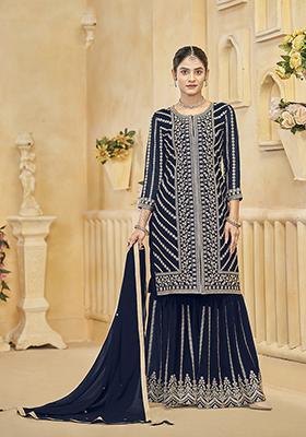 Dark Blue Embroidered Faux Georgette Salwar Kameez