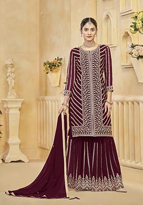 Dark Maroon Embroidered Faux Georgette Salwar Kameez