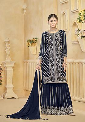 Navy Blue Embroidered Art Silk Salwar Kameez