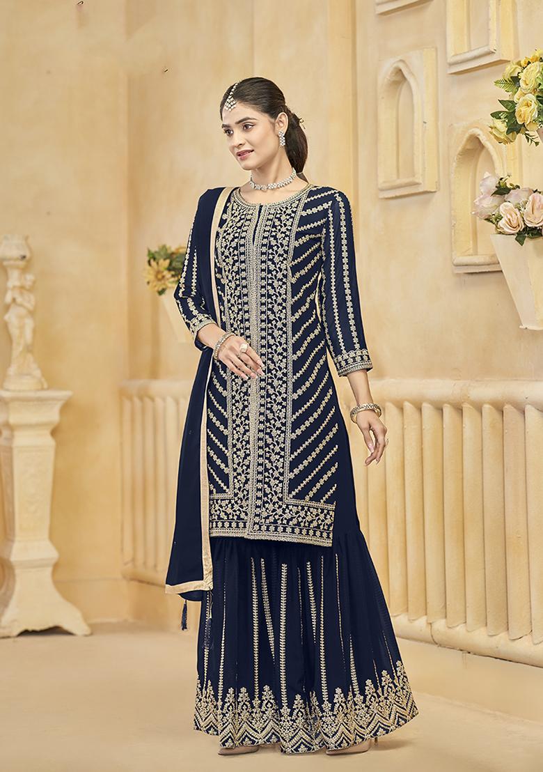 Navy Blue Embroidered Art Silk Salwar Kameez