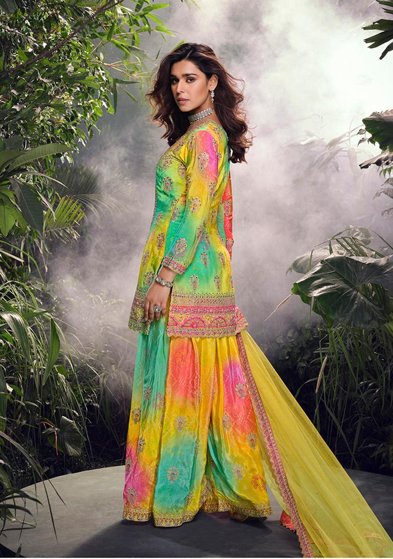 Multicolour Embroidered Chinon Silk Salwar Kameez