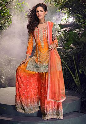 Orange Embroidered Chinon Silk Salwar Kameez