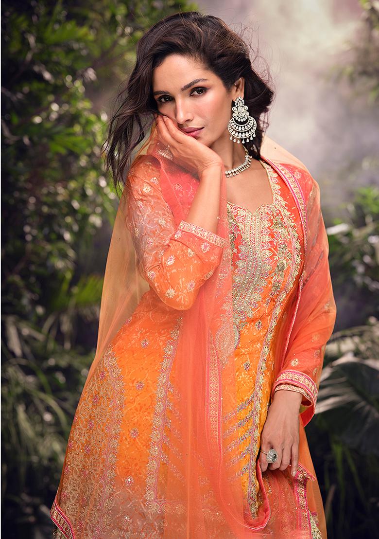 Orange Embroidered Chinon Silk Salwar Kameez