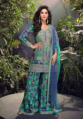 Teal Green Embroidered Chinon Silk Salwar Kameez