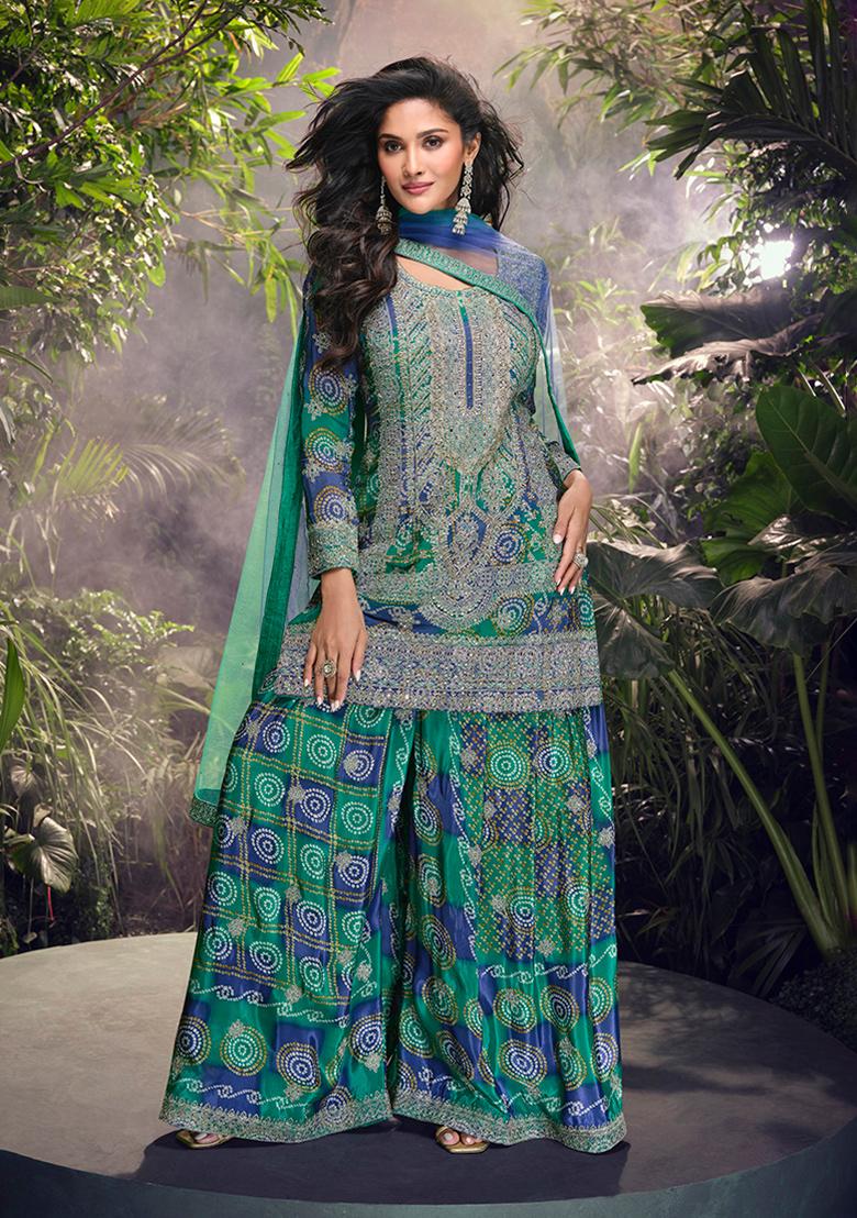 Teal Green Embroidered Chinon Silk Salwar Kameez