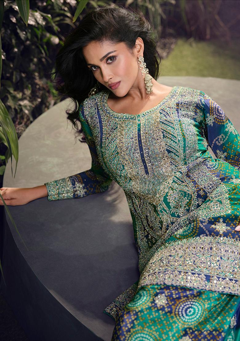 Teal Green Embroidered Chinon Silk Salwar Kameez